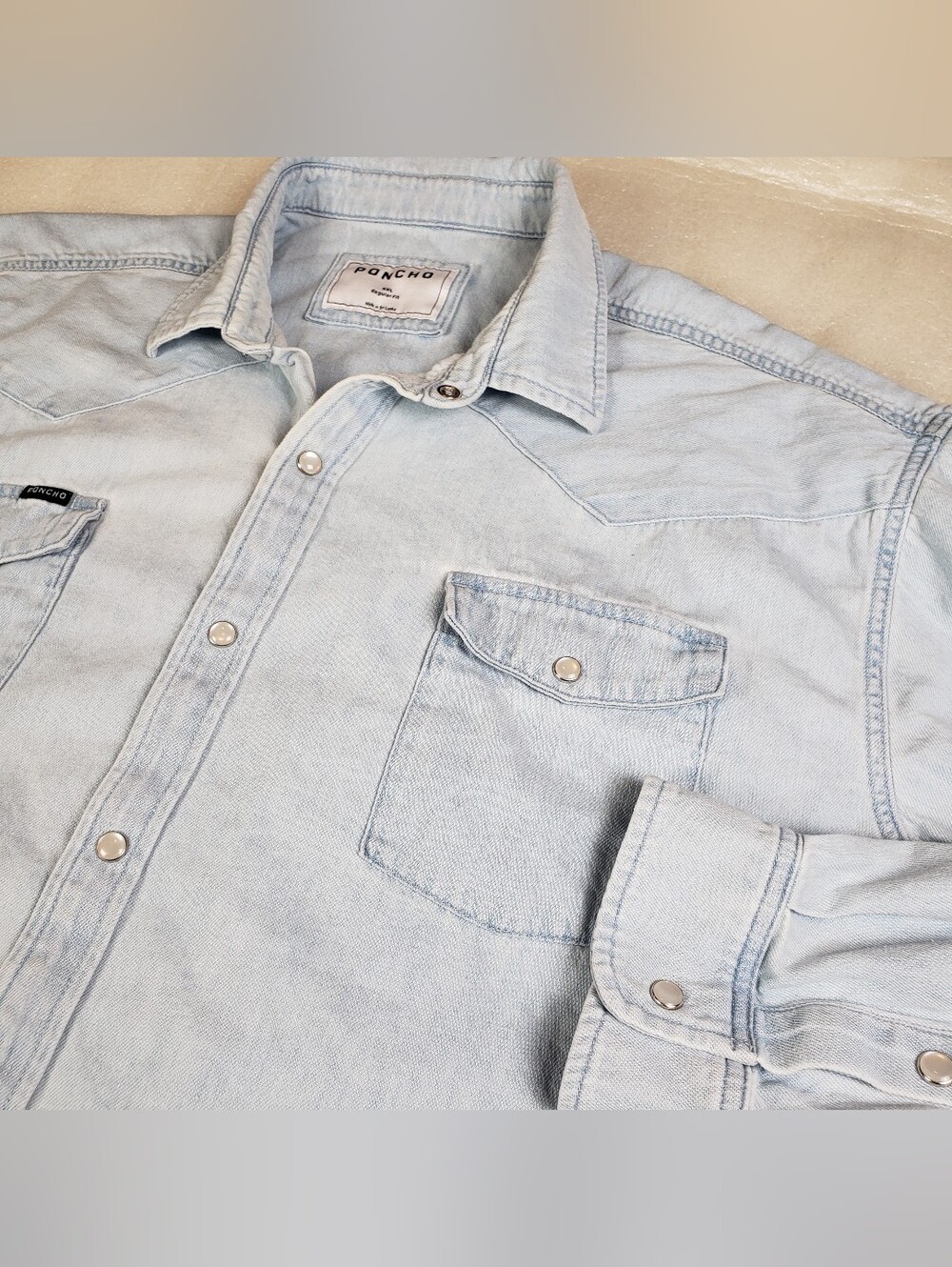Poncho Men's 2XL Lightwash Denim Pearl Snap Shirt Regular Fit Western Cowboy
